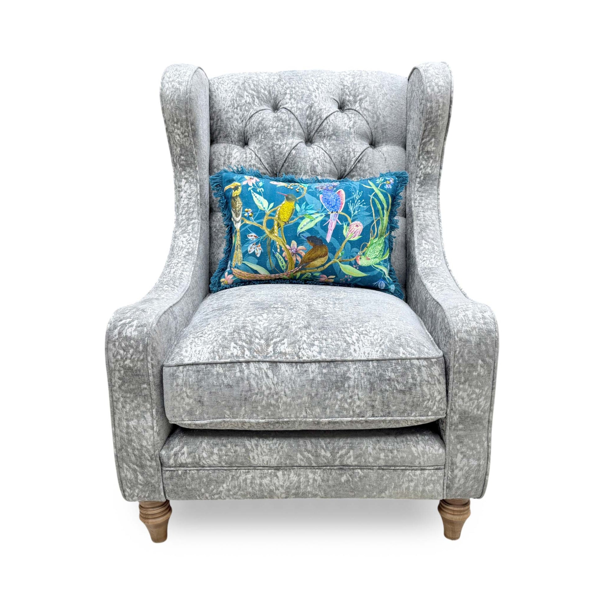 Front view of the Blenheim Winged Accent Chair upholstered in Savoy silver fabric, featuring a classic winged high back and dark wood legs.