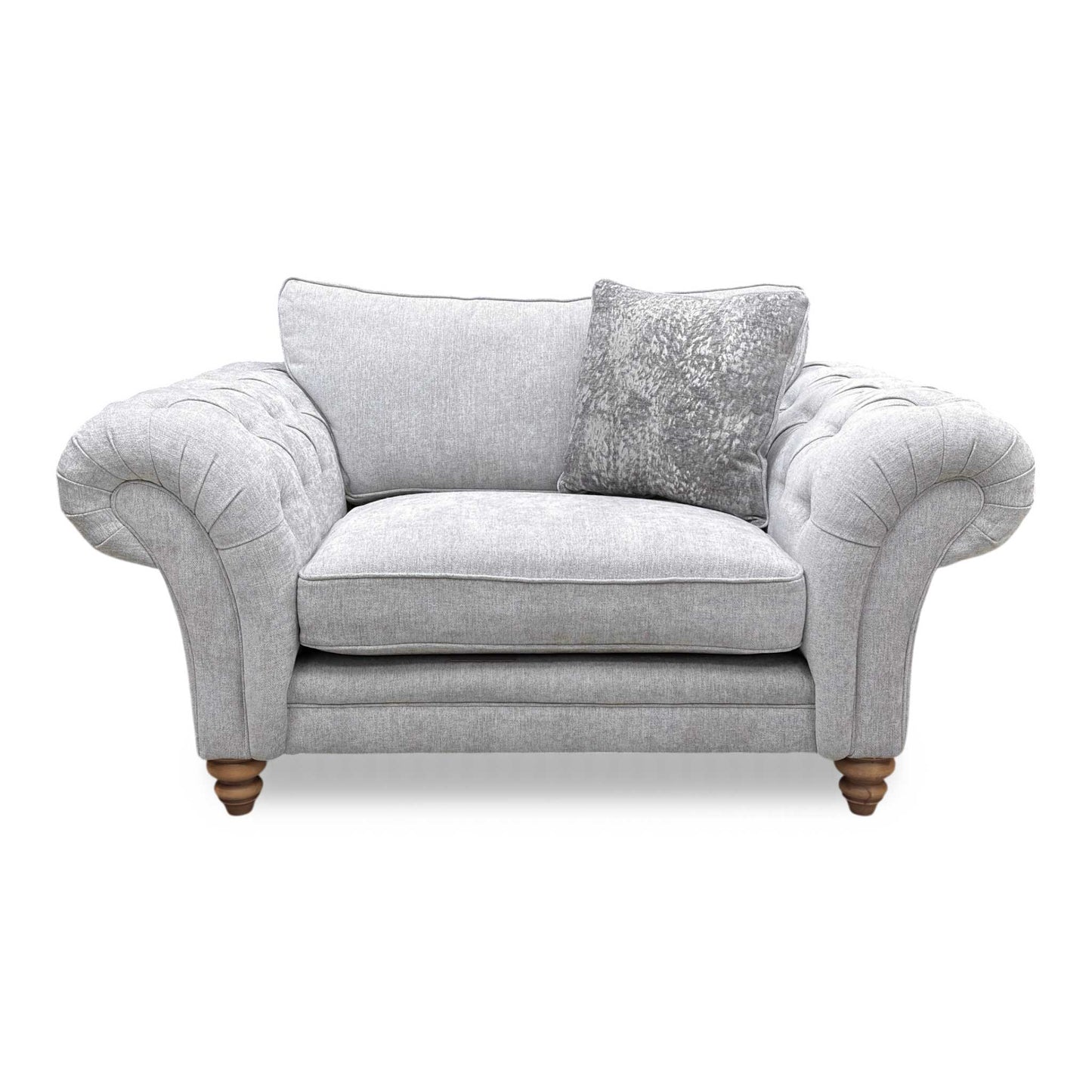 Front view of the silver fabric snuggler chair, showcasing the wide seat area and plush, supportive cushions.