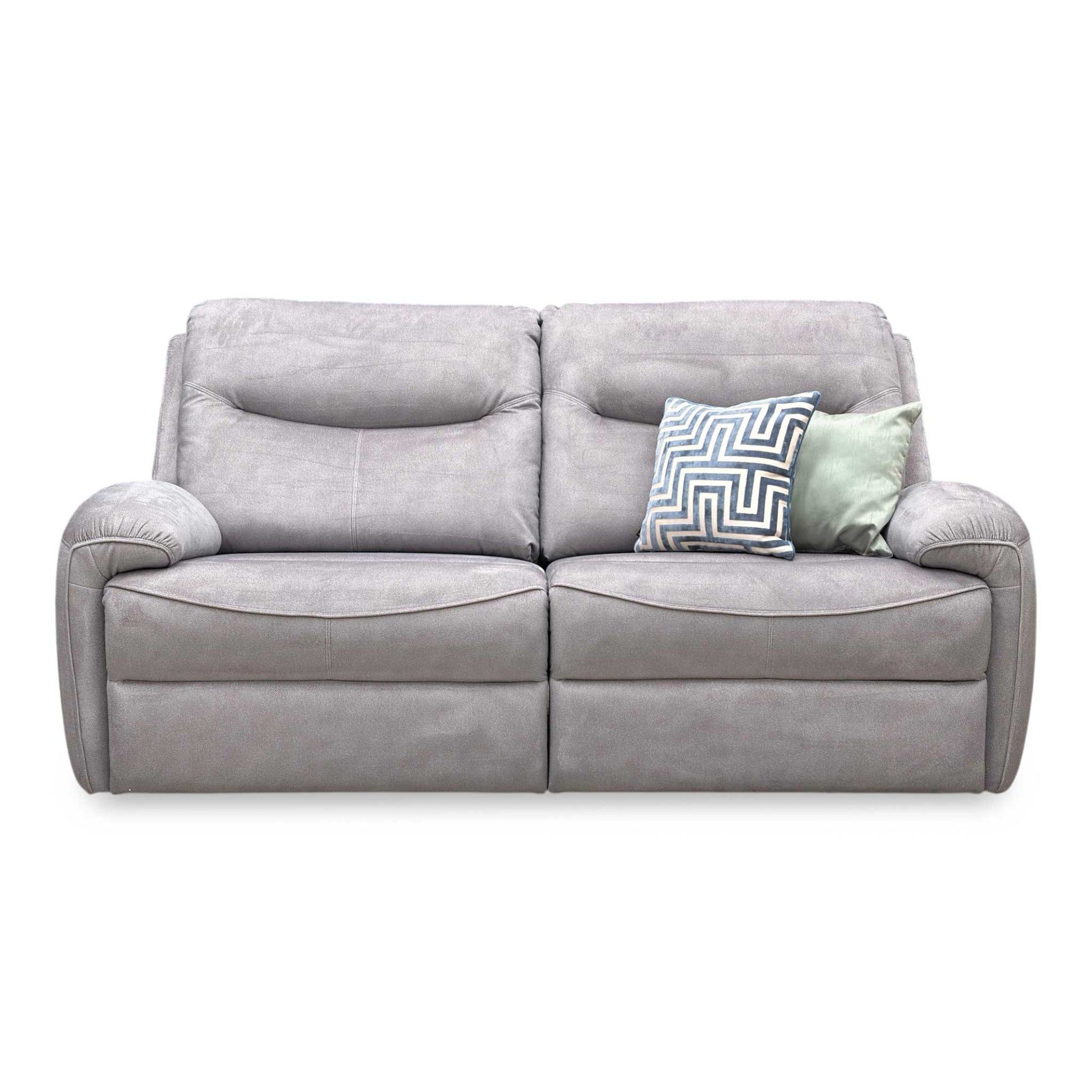 Front view of the charcoal velvet sofa, showcasing the high backs, deep seats, and distinctive arm cushion design exclusive to Furniture Village.
