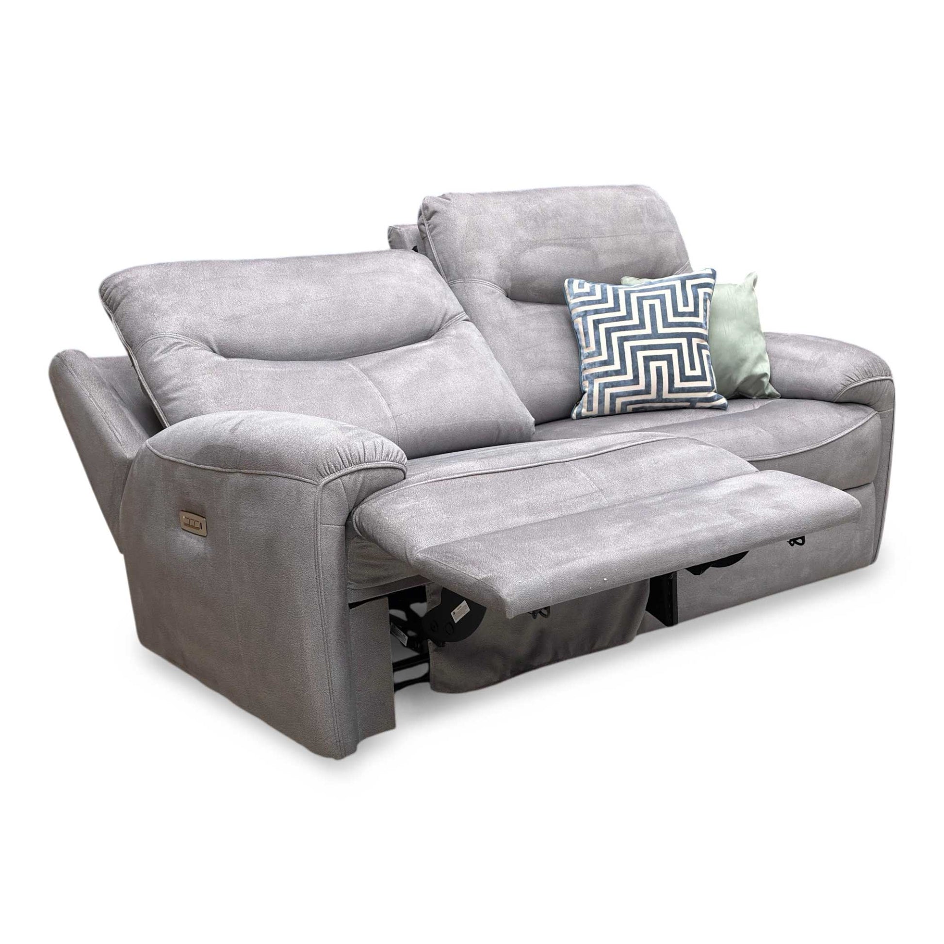 Full view of the charcoal velvet sofa, showcasing the high backs, deep seats, and distinctive arm cushion design exclusive to Furniture Village.