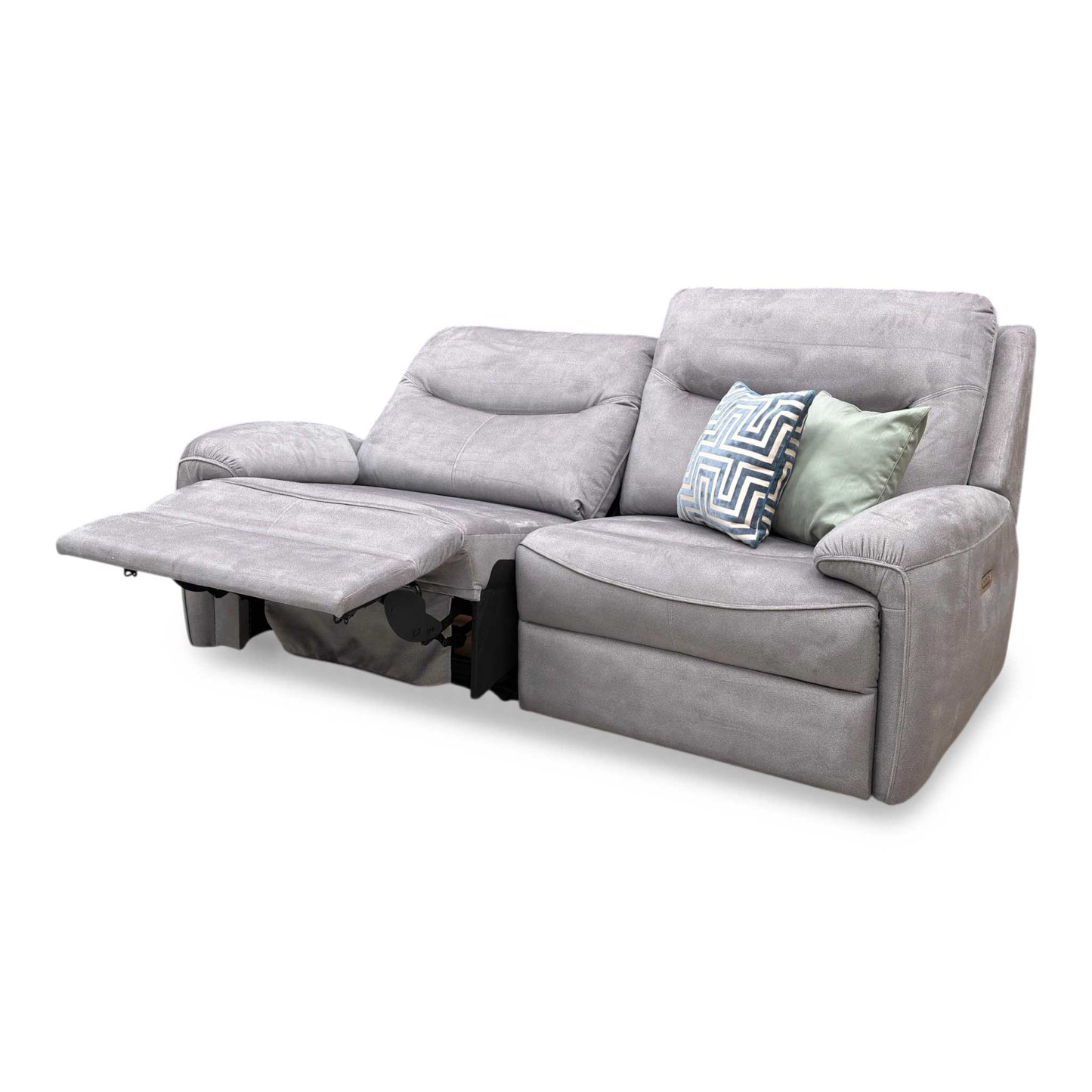 Detailed view of the power reclining function, showing the sofa in a fully reclined position with the integrated footrest extended.