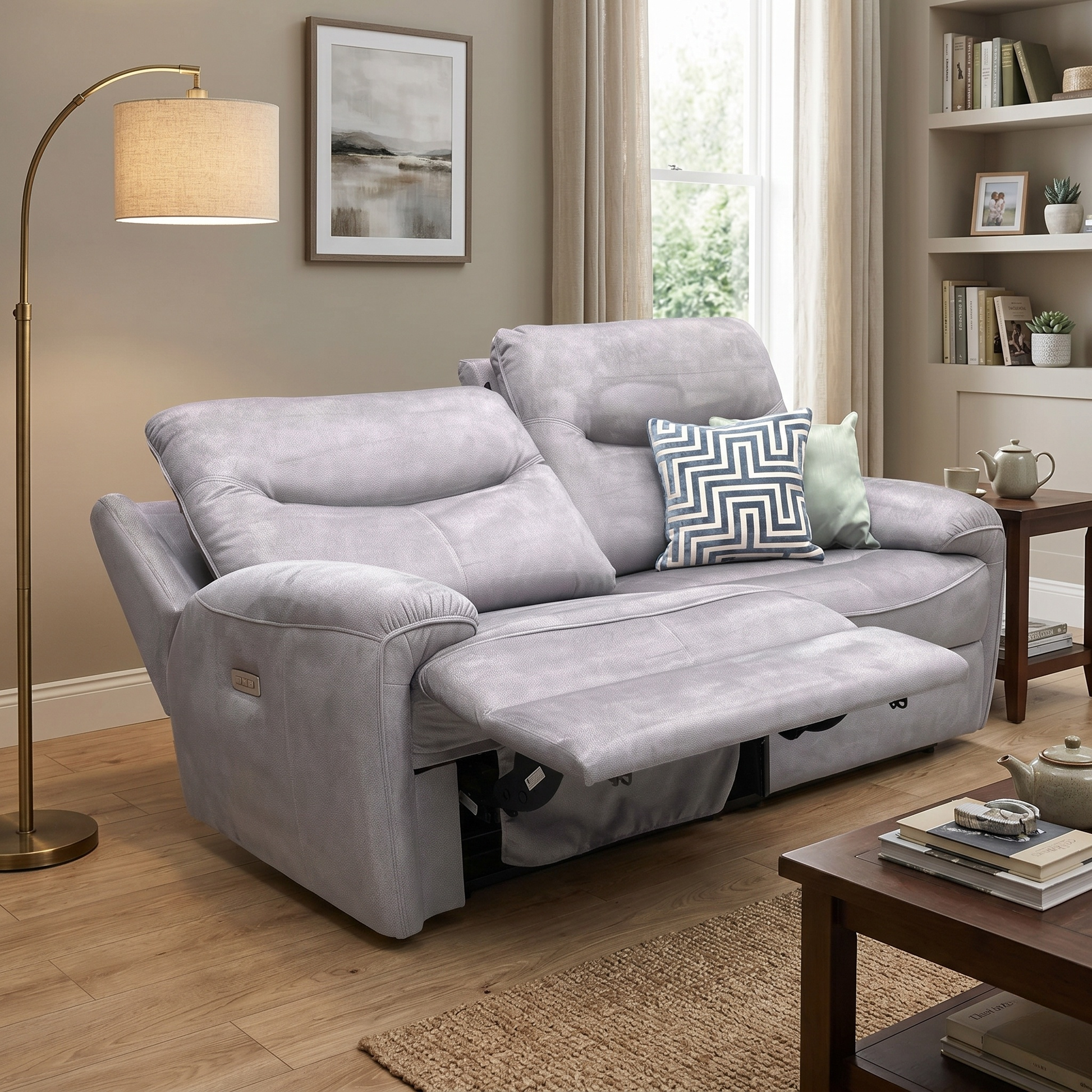 Lifestyle shot of the G Plan power recliner sofa in a refined living room, highlighting its medium comfort level and simply sumptuous cushioning.