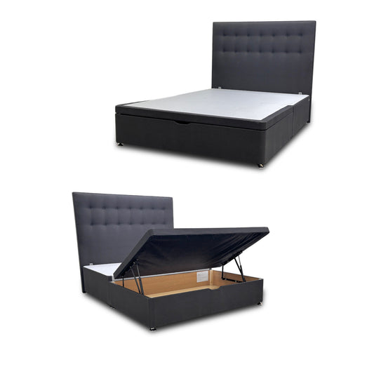 ‘Silentnight’ Charcoal Ebony Goya Fabric Divan Bed with Ottoman Storage + Floorstanding Headboard