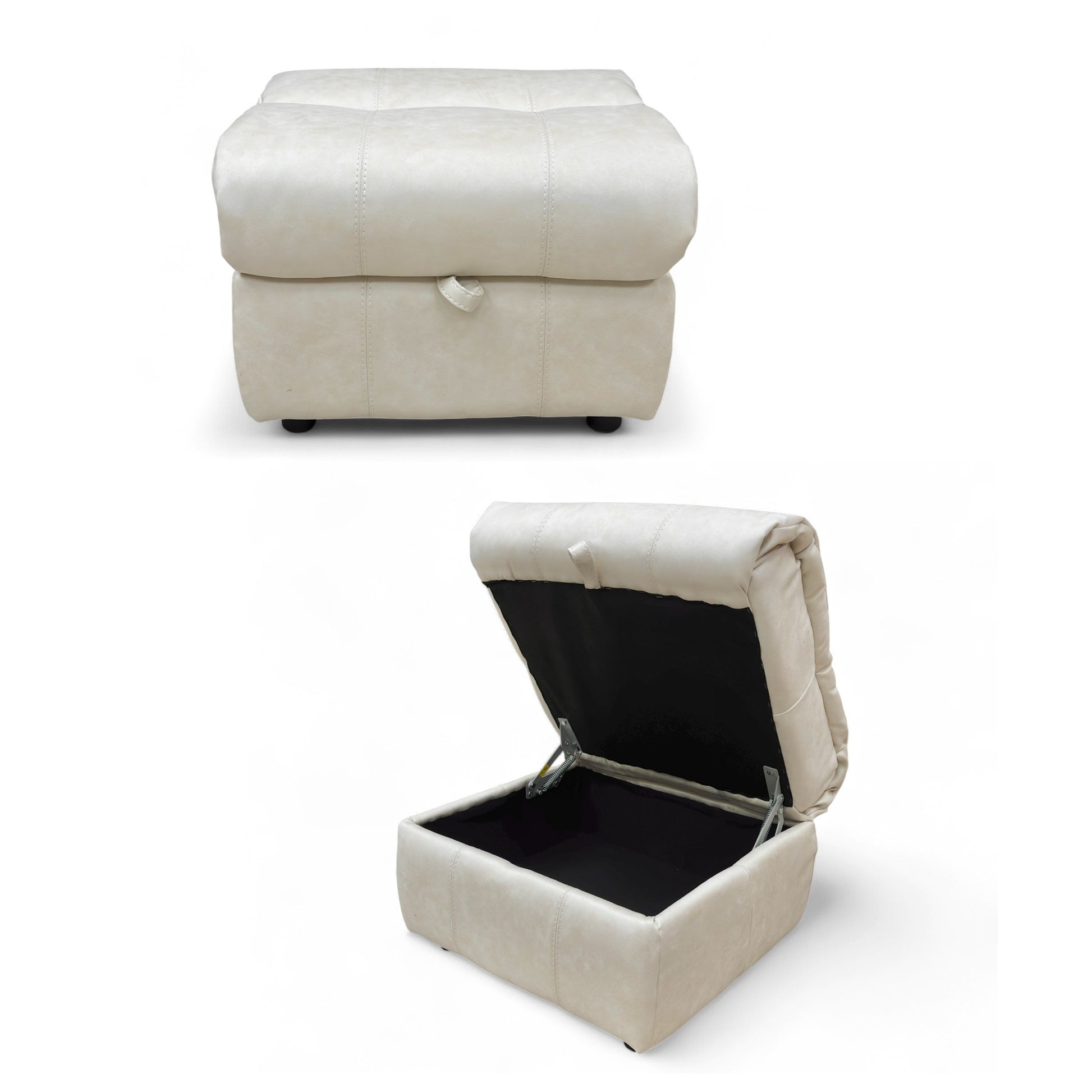 The footstool with the lid removed and placed beside it, clearly showing the depth and capacity of the storage space.