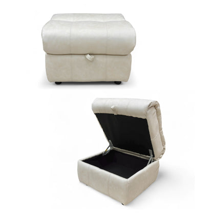 The footstool with the lid removed and placed beside it, clearly showing the depth and capacity of the storage space.
