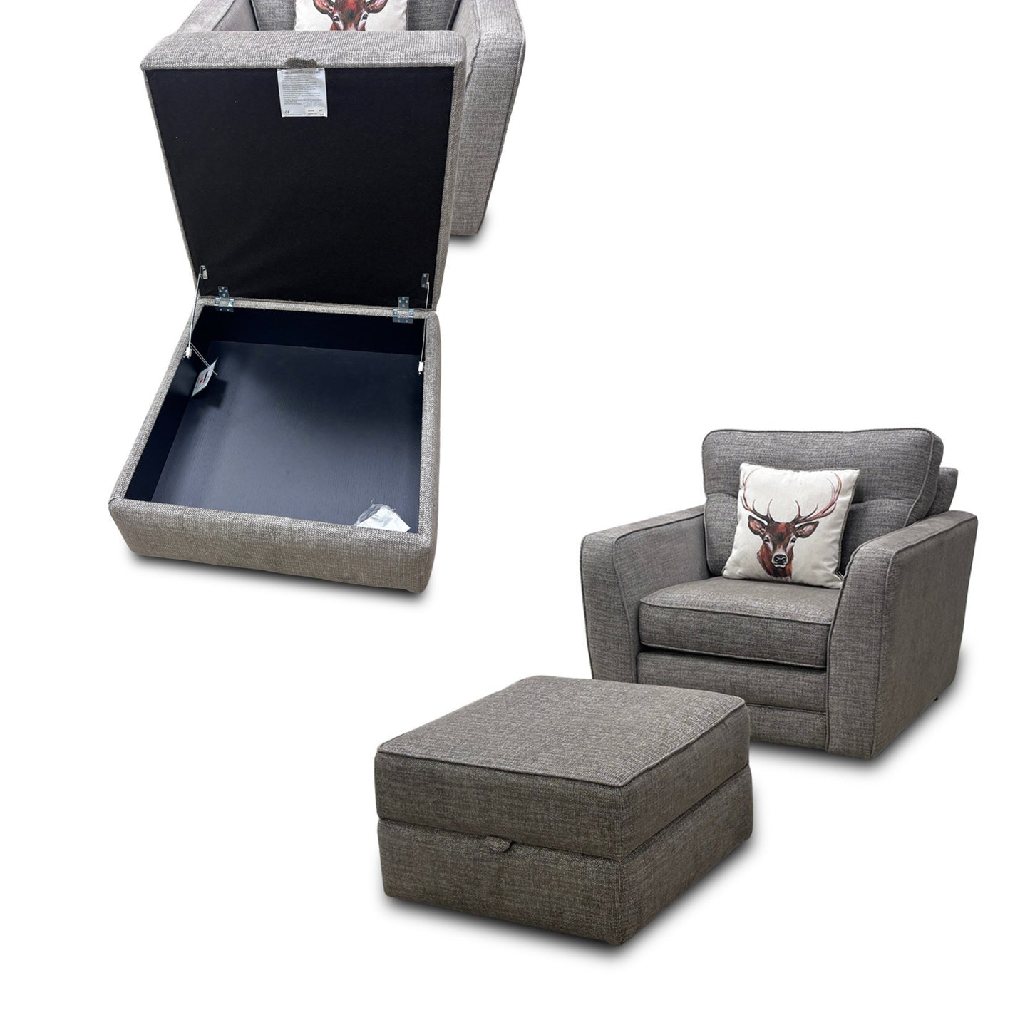 'Tenby' Light Grey Tight Weave Fabric Armchair with Storage Footstool