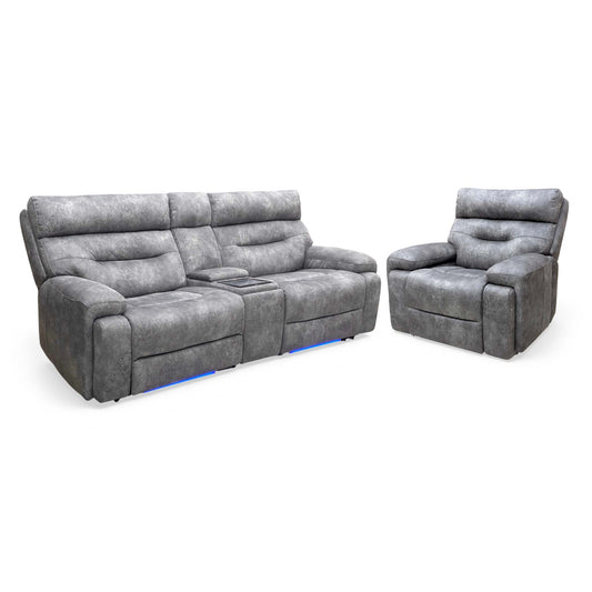 ‘Cinemax’ Marque Seal Grey Mq-0106 Fabric Media Power Recliner Set: 3 Seater Console Sofa & Media Armchair with Power Headrests
