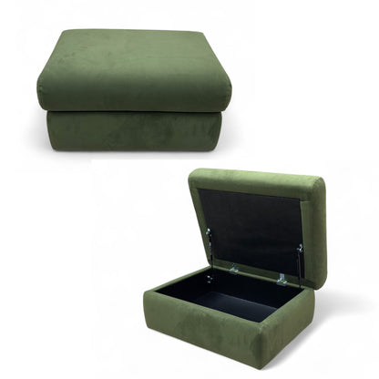 An angled view showing the footstool with the lid open, revealing the internal storage space.