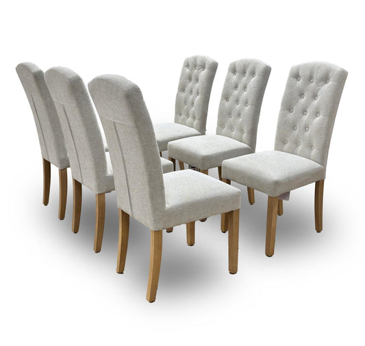 ‘Moore’ Button Back Light Natural Fabric High Back Dining Chairs - Set of 6