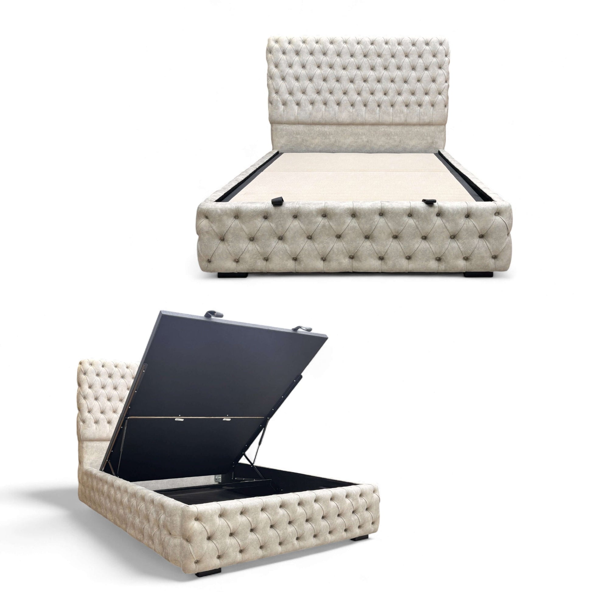 Belford Dapple Oyster Velvet King Size Bed with a tall, floor-standing headboard and end-lift ottoman storage, styled with decorative pillows.