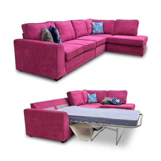 ‘Orka’ Plaza Linen Fabric Magenta 4 Piece Deluxe Sofa Bed Open End Chaise Modular Corner Sofa