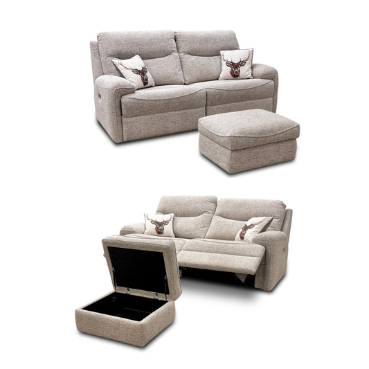G Plan 'Amesbury' C030 Kampala Beige Tight Weave Fabric 3 Seater Power Recliner Sofa + Storage Footstool