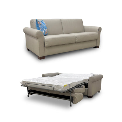 Nicoletti 'Alcova' Torello Tortora Dark Feet Leather 2.5 Seater Sofa Bed with Scroll Arms