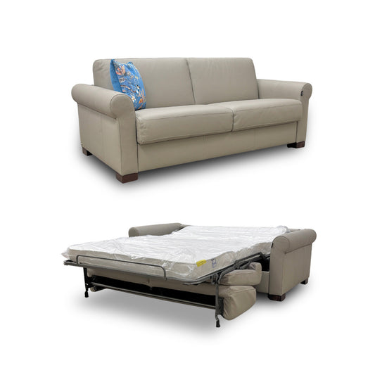 Nicoletti 'Alcova' Torello Tortora Dark Feet Leather 2.5 Seater Sofa Bed with Scroll Arms