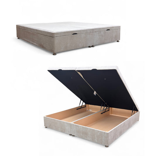Full view of the ‘Finesse’ King Size Ottoman bed base in Oatmeal fabric, featuring a modern low-profile design and a high-quality upholstered finish.