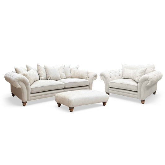 ‘Blenheim’ Darwin Ivory Fabric Set: 4 Seater Scatter Back Split Frame Sofa, Classic Back Snuggler Chair & Savoy Large Bench Footstool Set