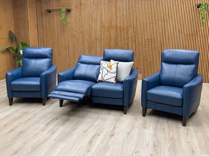 World of Leather Compact Collection ‘Petit’ Bv-313e Ocean Blue Leather 2 Seater Power Recliner Sofa + Armchair + Armchair