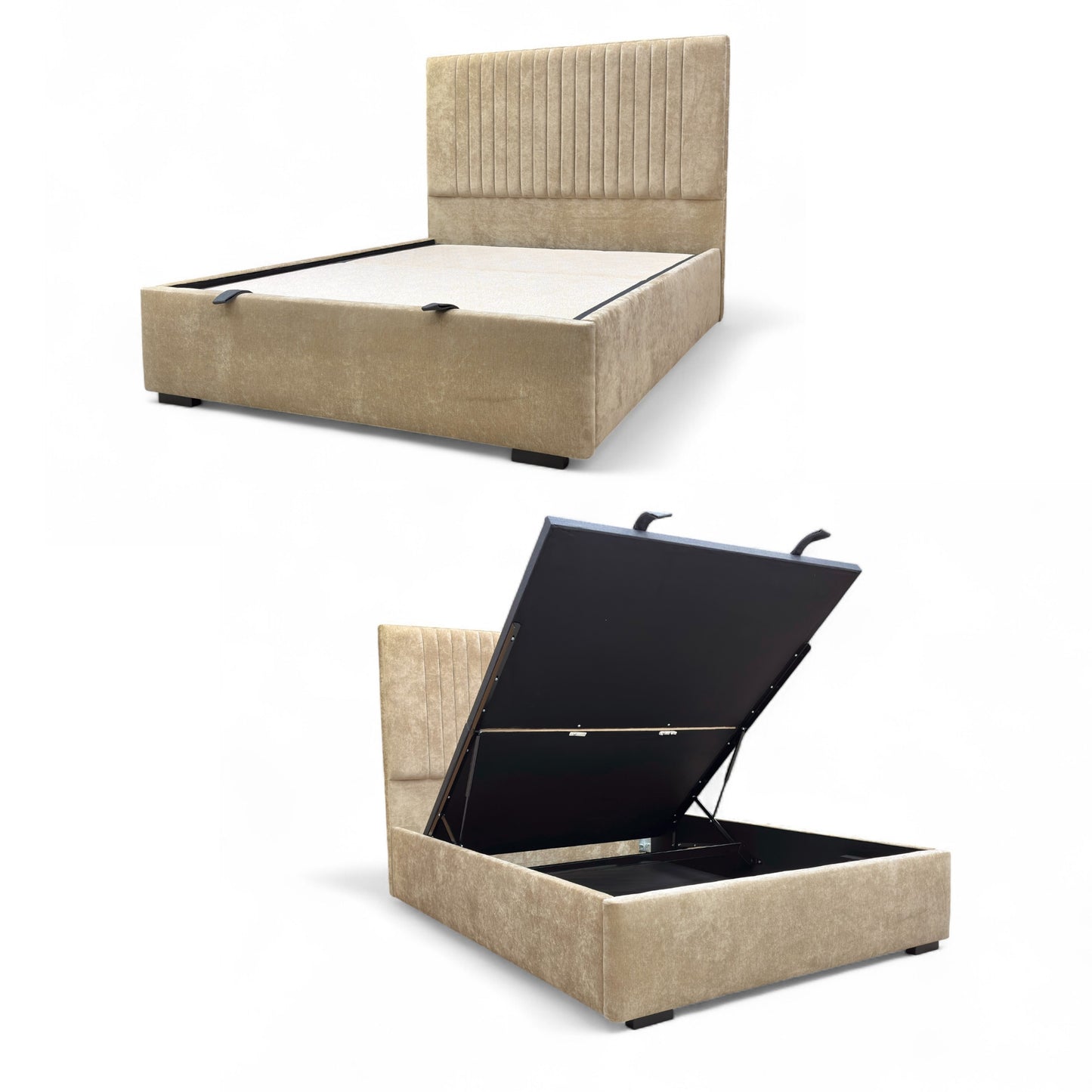 Beige upholstered bed with storage compartment open on a white background