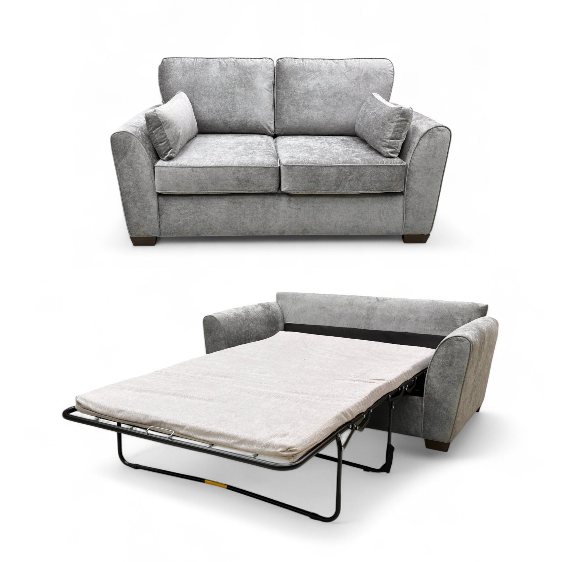 Angled view of the ‘Julius’ 2 Seater Sofa Bed in the sofa position, showcasing the full grey Kingston fabric upholstery and plump cushions.