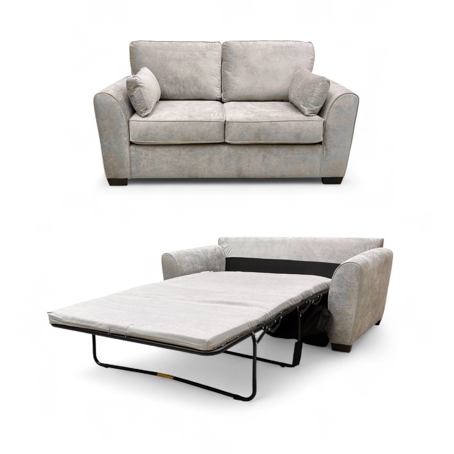 Angled view of the ‘Julius’ 2 Seater Sofa Bed in the sofa position, showcasing the full mink Kingston fabric upholstery and plump cushions.