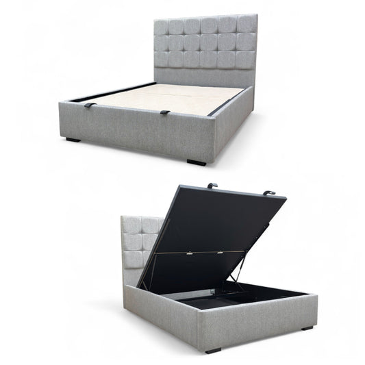 floor-standing headboard and end-lift ottoman storage, styled with neutral pillows and bedding.