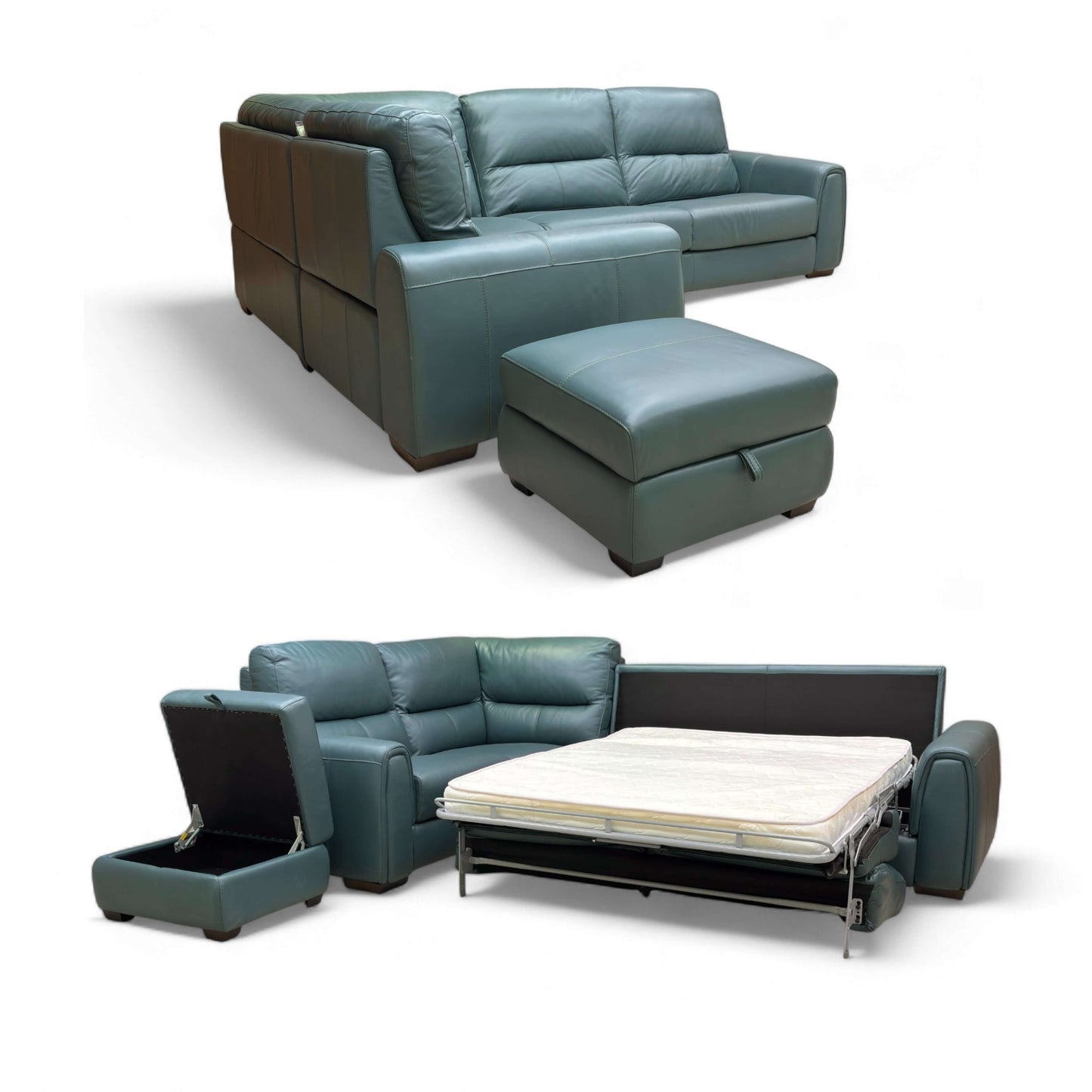 Green leather sectional sofa with ottoman and pull-out bed on a white background