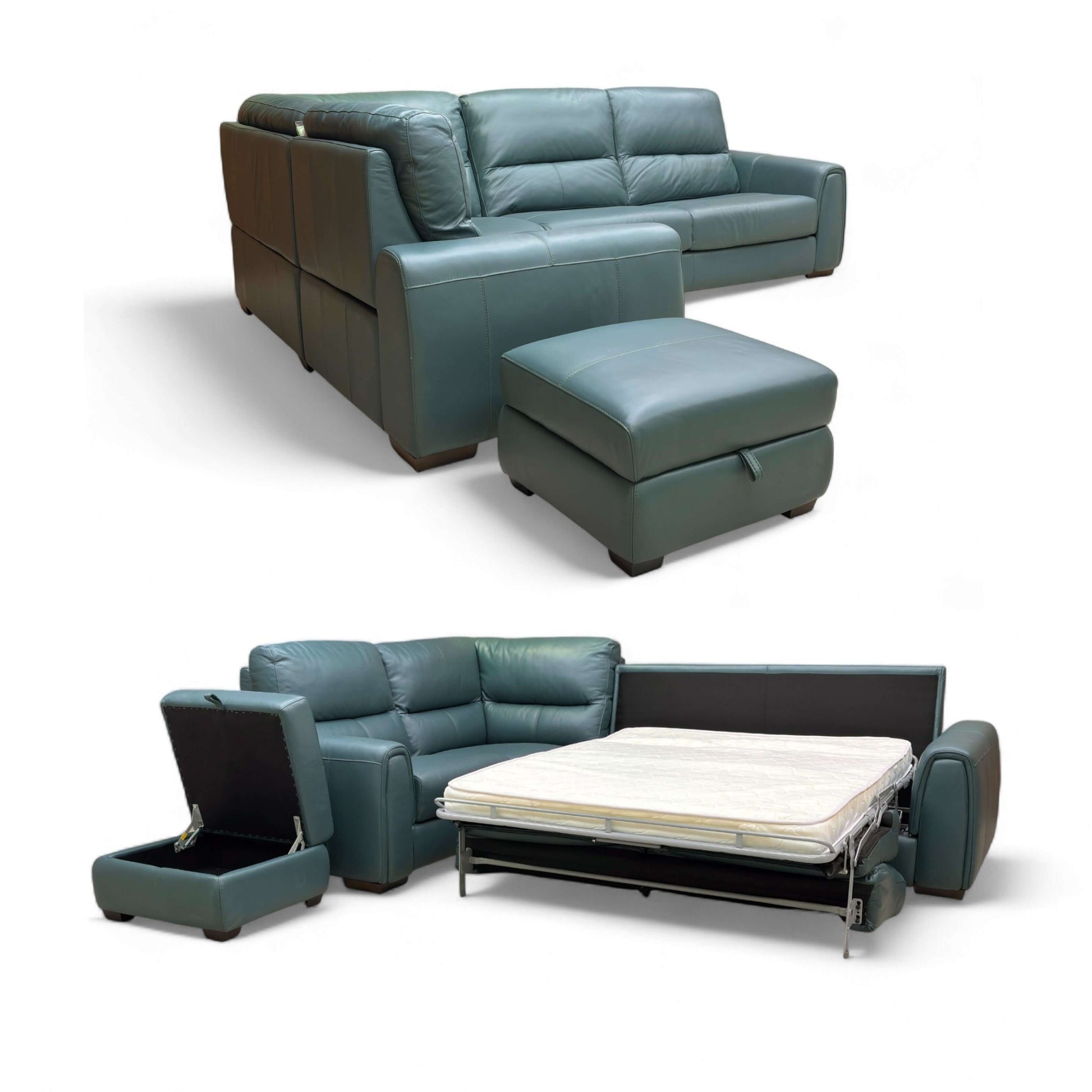 Green leather sectional sofa with ottoman and pull-out bed on a white background