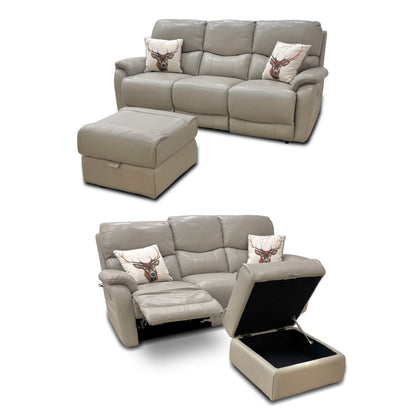 'Evelyn' Lead Grey Leather Manual Recliner 3 Seater Sofa with Storage Footstool