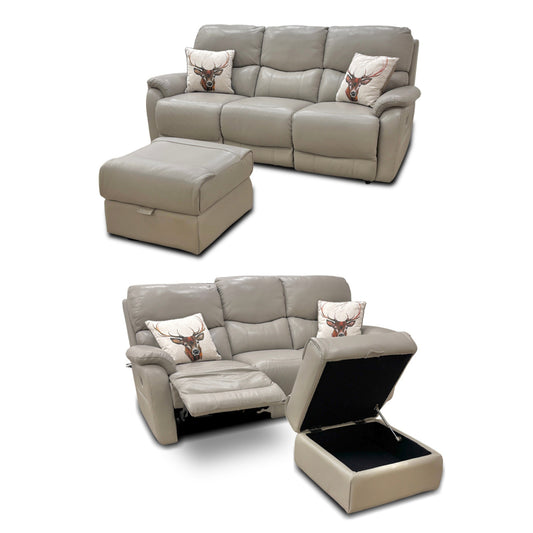 'Evelyn' Lead Grey Leather Manual Recliner 3 Seater Sofa with Storage Footstool