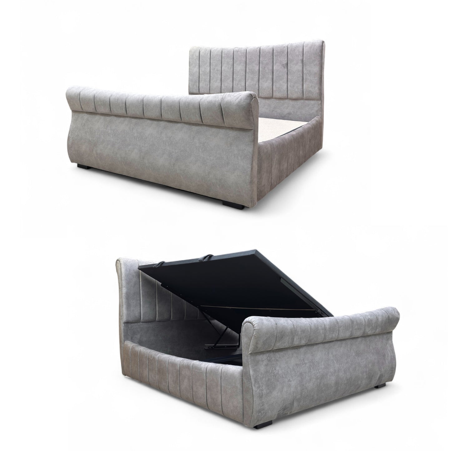 Gray upholstered bed with storage compartment on a white background