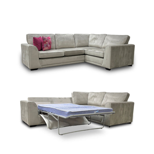 'Orka' Stone Velvet Plain Non Quilted Left Hand Facing 2 Seater Deluxe Corner Sofa Bed