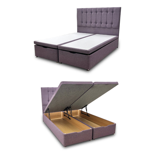 'Lillian' Lilac Fabric Double Ottoman End Lift Bed Base with Floor Standing Headboard - King