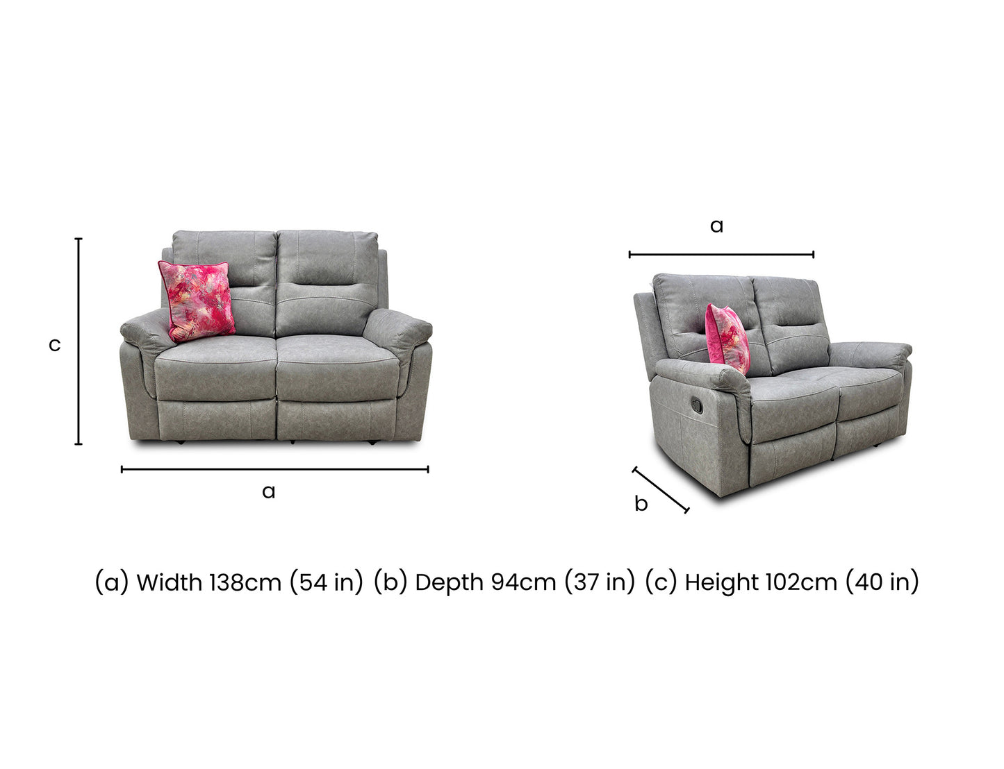 Dimension diagram for the Ranger 2-seater manual recliner sofa.