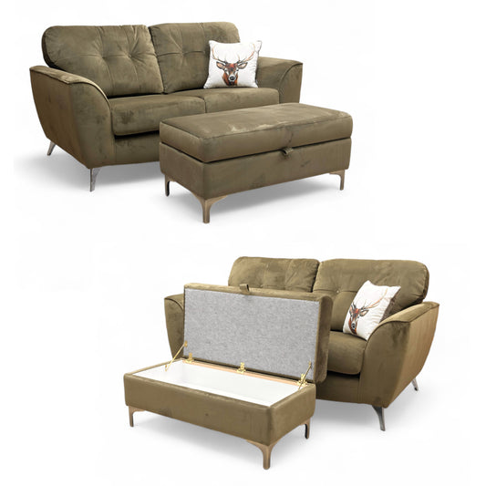 ‘Dawson’ Khaki Dawson Velvet 2 Seater Sofa + ‘Ava’ Khaki Ava Velvet Storage Footstool