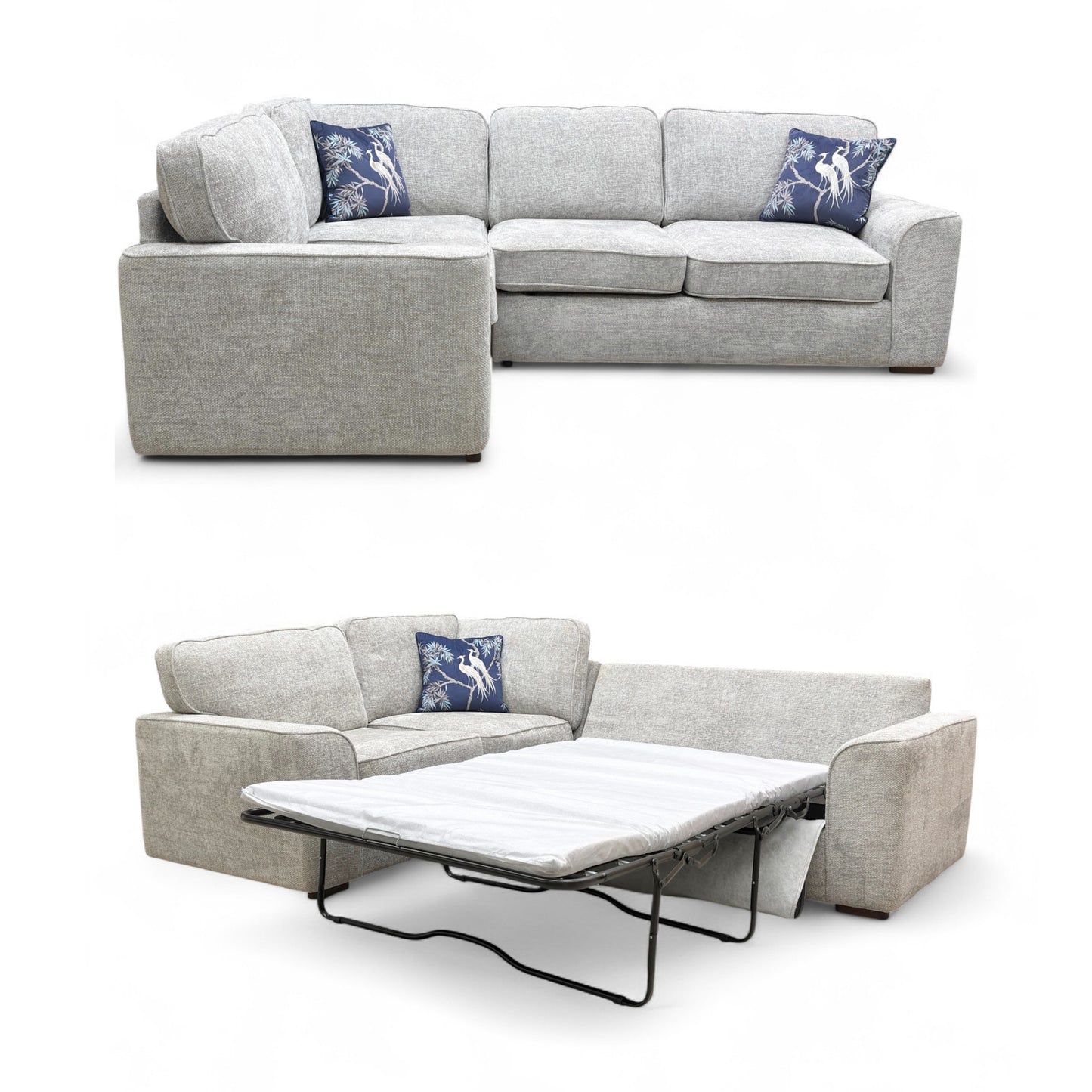 Gray sectional sofa with pull-out bed feature on a white background