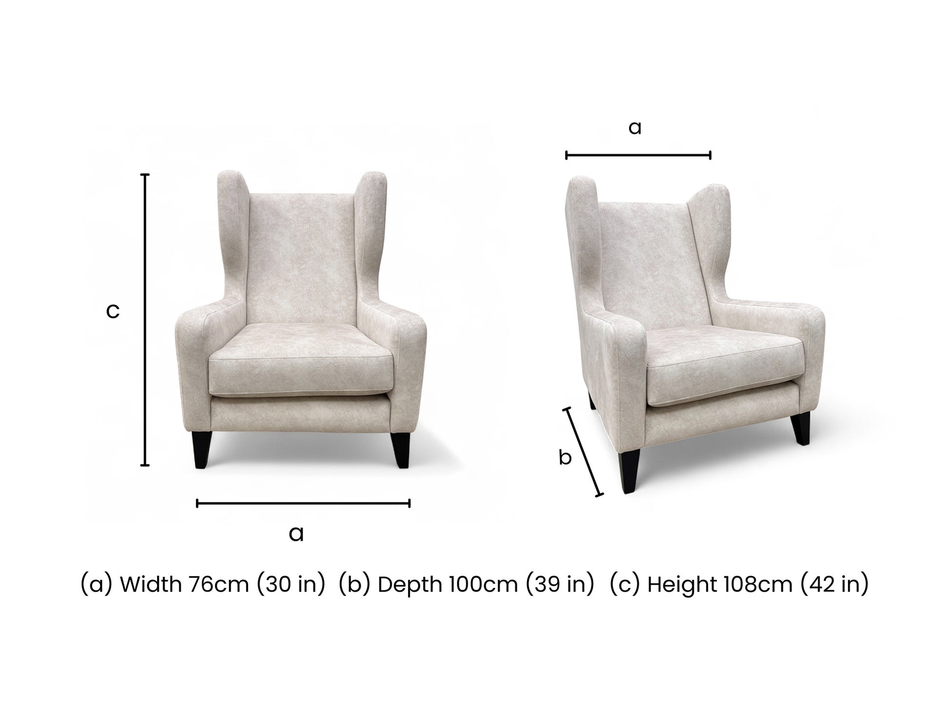 Technical dimension image showing the chair's height (108cm), width (76cm), and depth (100cm).
