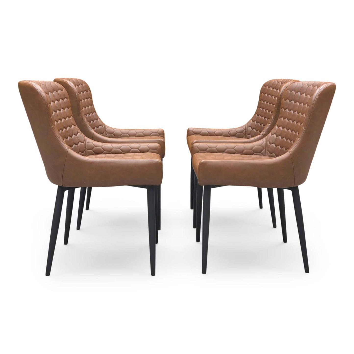 Front view of the Osaka dining chair, showcasing the decorative horizontal stitching and the rich tan brown faux leather finish.