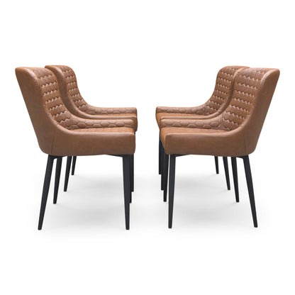 Front view of the Osaka dining chair, showcasing the decorative horizontal stitching and the rich tan brown faux leather finish.