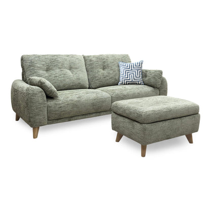 Full view of the olive green sofa, showcasing the clean lines, structured cushions, and low-profile modern design.