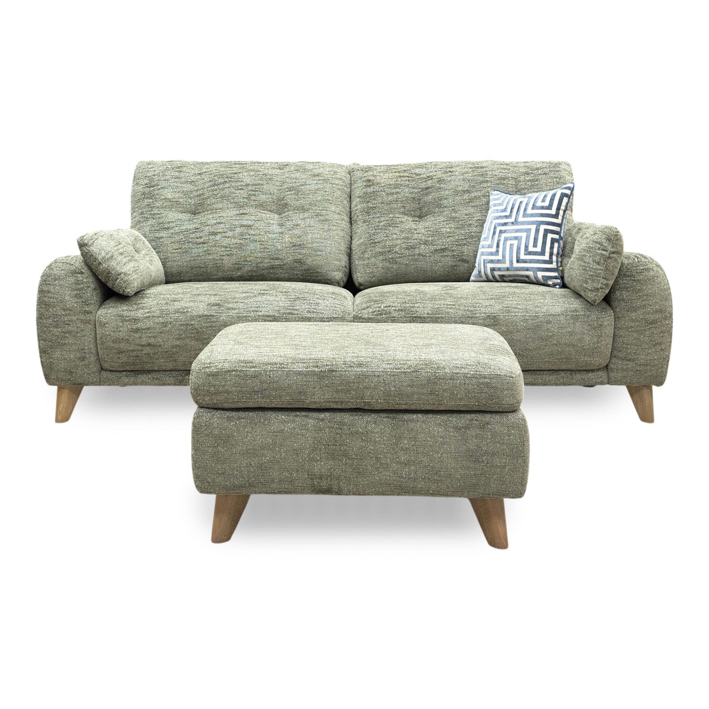 Front view of the olive green sofa, showcasing the clean lines, structured cushions, and low-profile modern design.