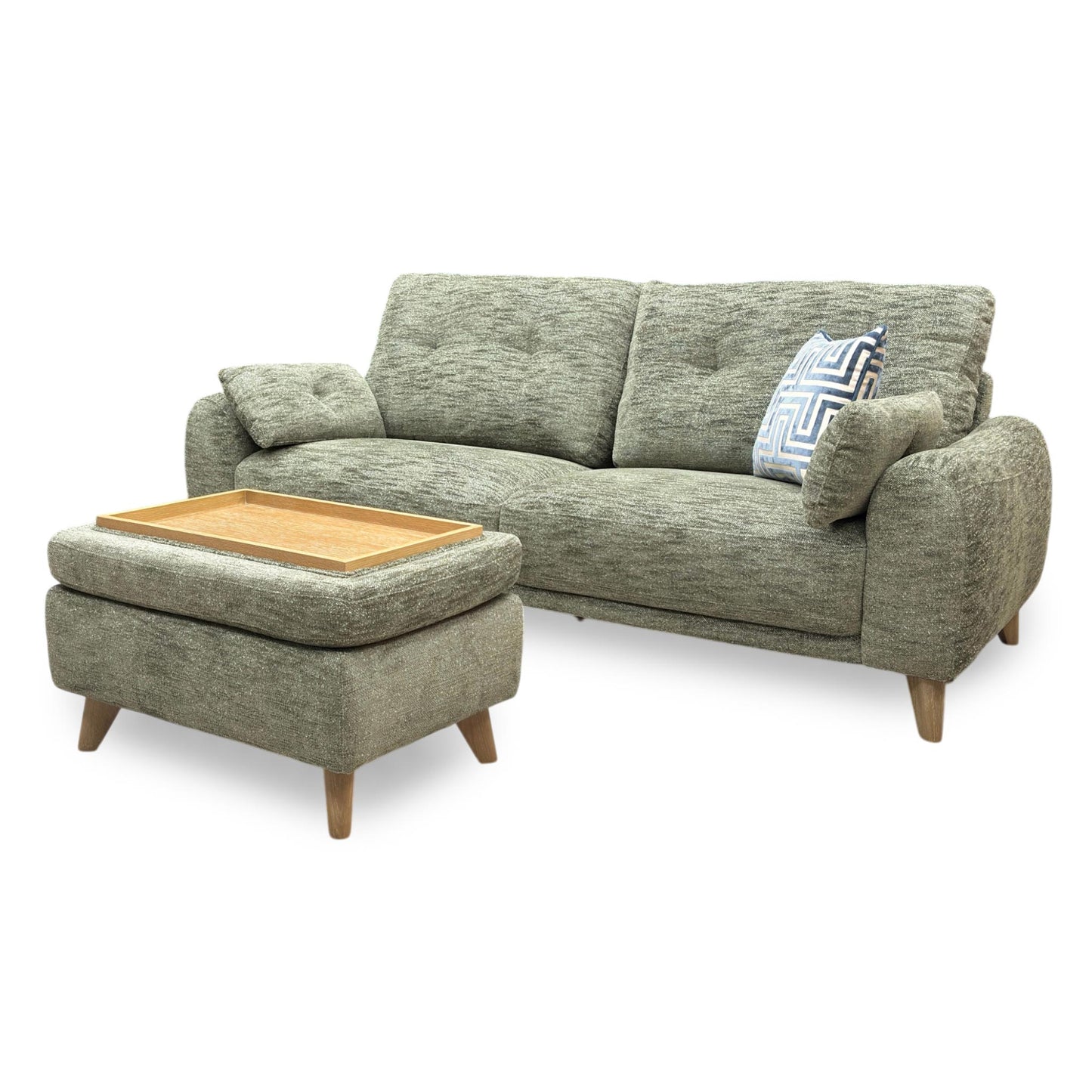 Detailed shot of the sofa corner, showing a visible repair or stitching imperfection on the lower fabric edge.