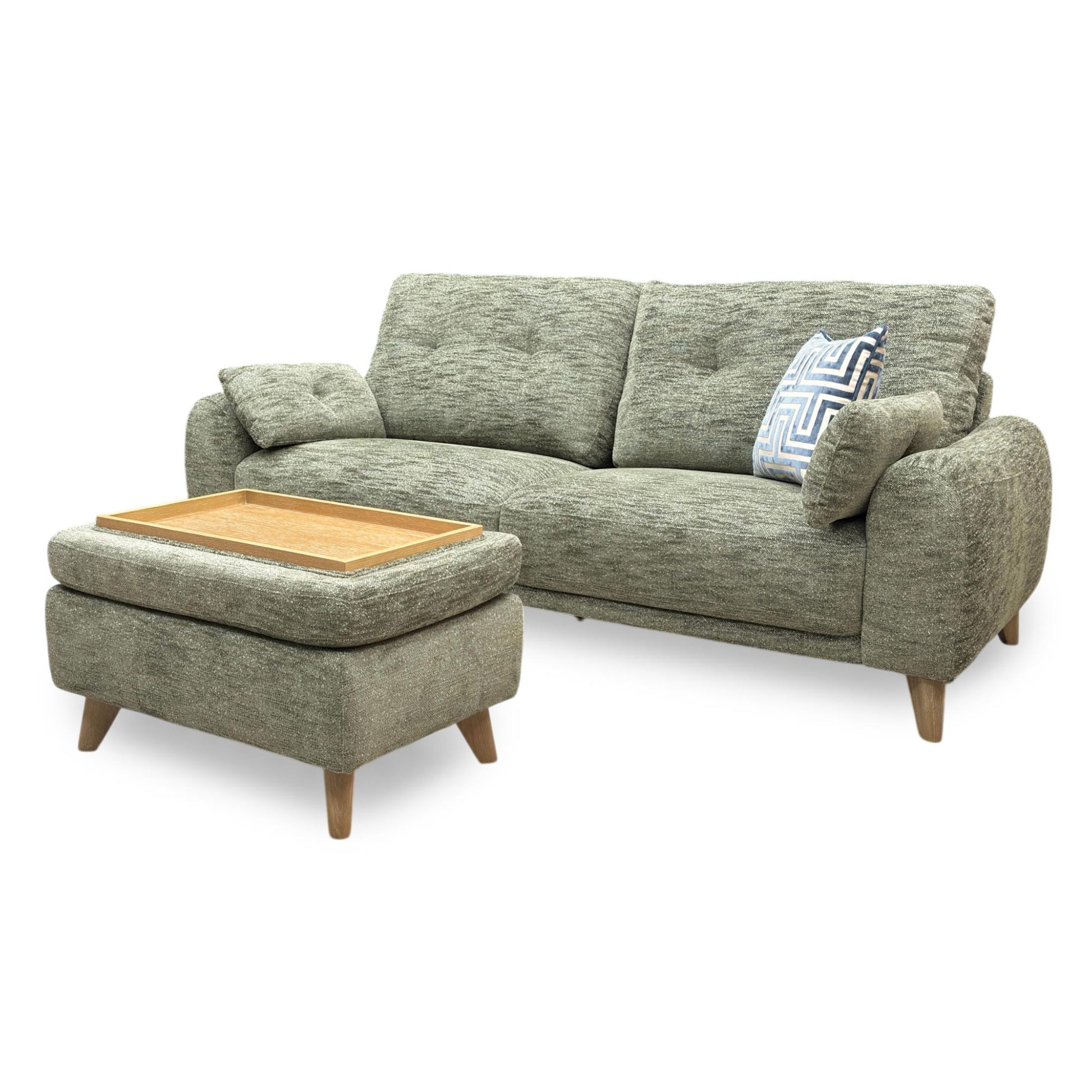 Detailed shot of the sofa corner, showing a visible repair or stitching imperfection on the lower fabric edge.