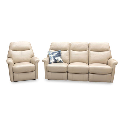 Front view of the 3-seater Lille sofa, showcasing the Bisque leather finish, padded armrests, and power reclining buttons.
