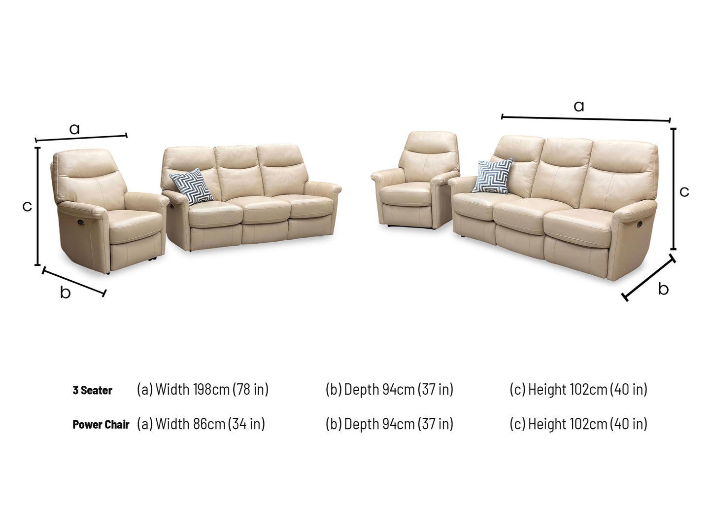 Dimensions diagram for the Lille 3 Seater Power Recliner Sofa.