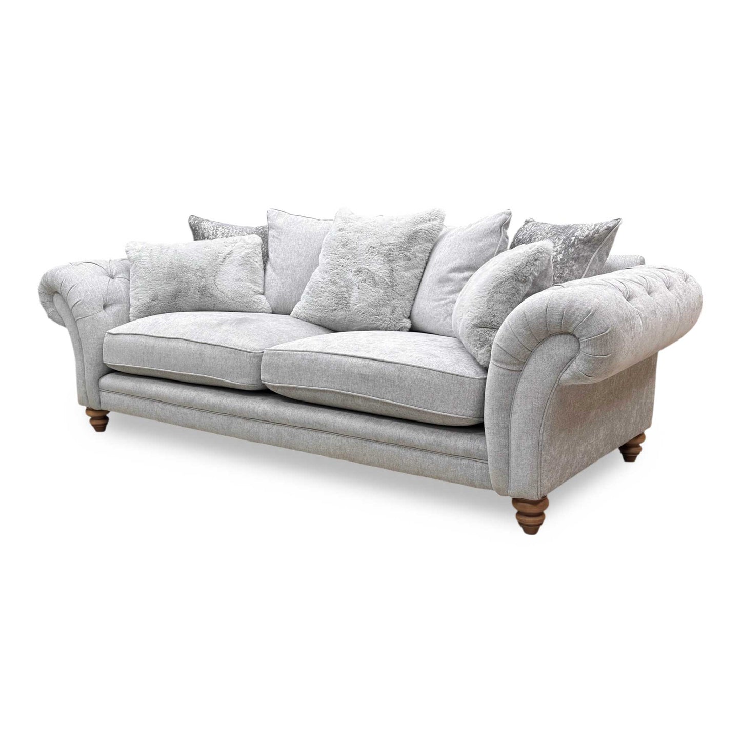 Side profile of the Darwin Silver Blenheim sofa, highlighting the deep seat cushions and elegant armrest design.
