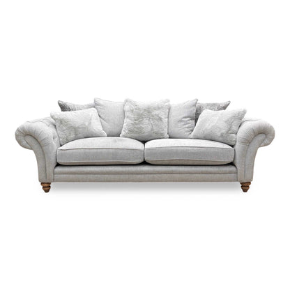 Front view of the Blenheim 4-seater scatter back sofa in Darwin Silver fabric, featuring a contemporary design and spacious seating.