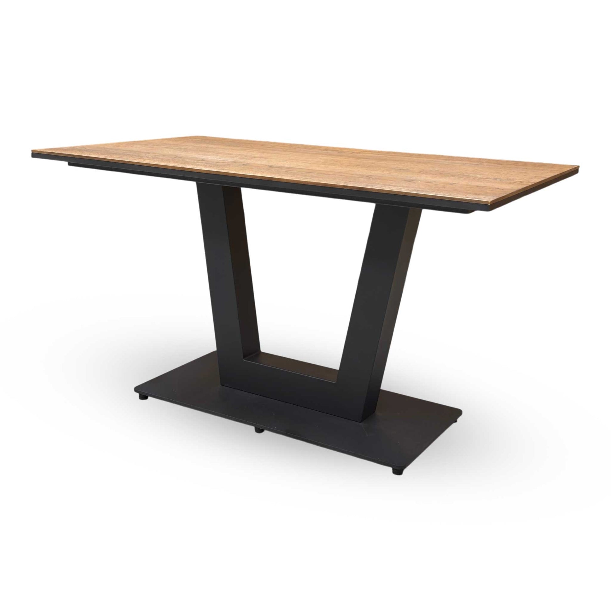 Detailed side profile focusing on the intersection where the solid oak top meets the architectural black metal frame.