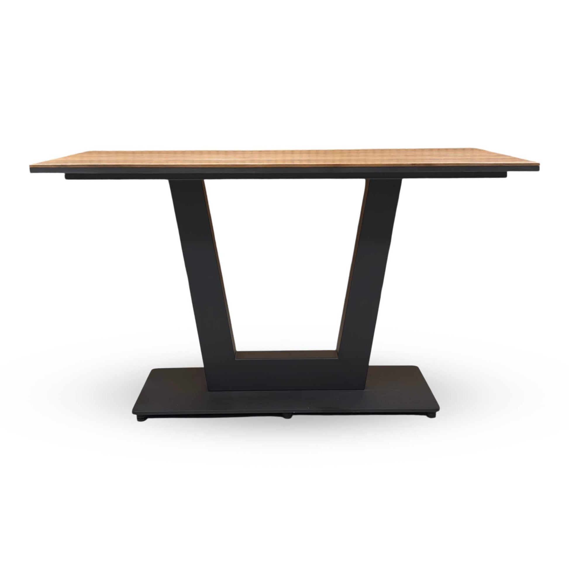 Front view of the ergonomic U-shaped base, emphasizing the industrial style and legroom clearance.