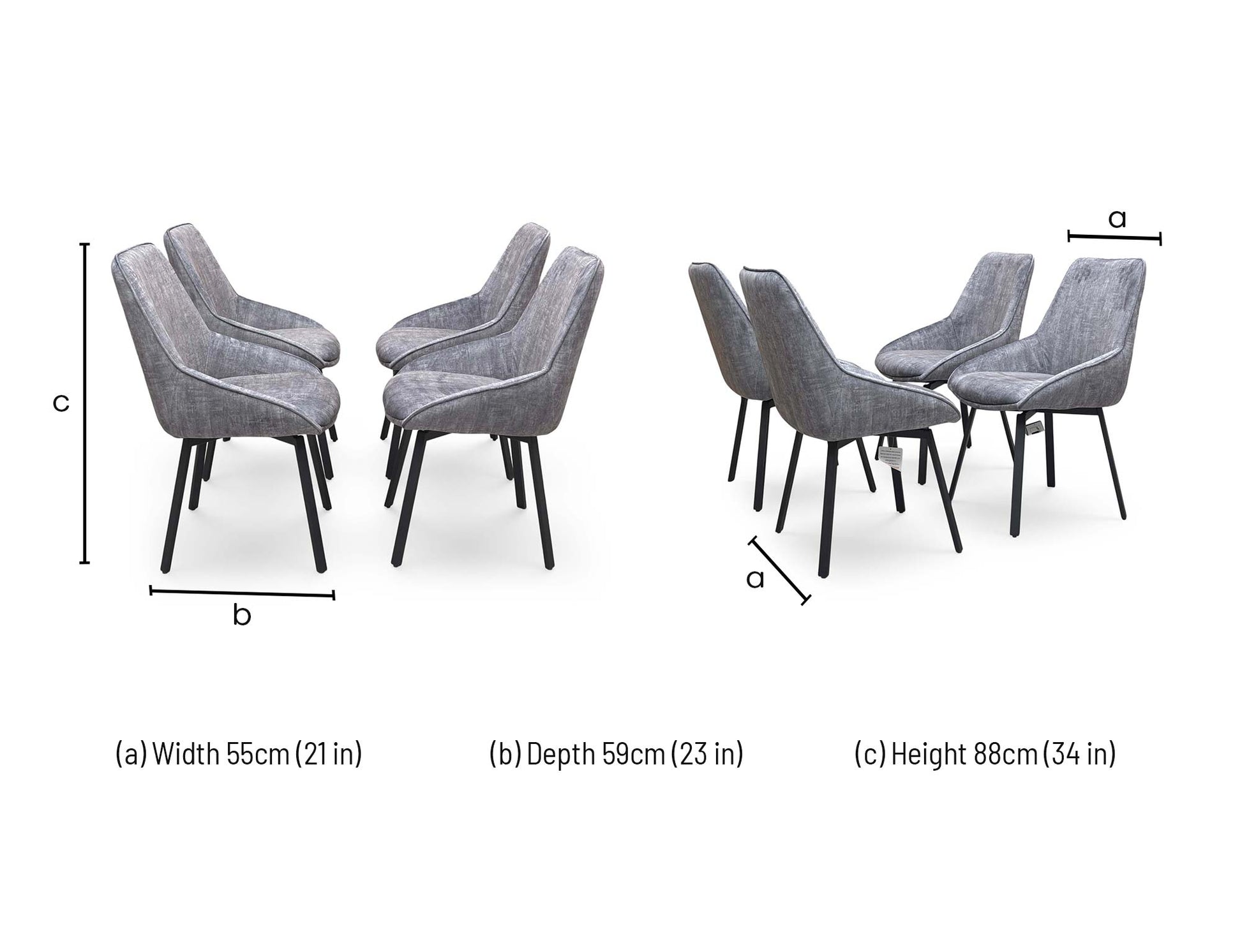 Dimensions diagram for the Veja Grey Velvet Swivel Dining Chair.