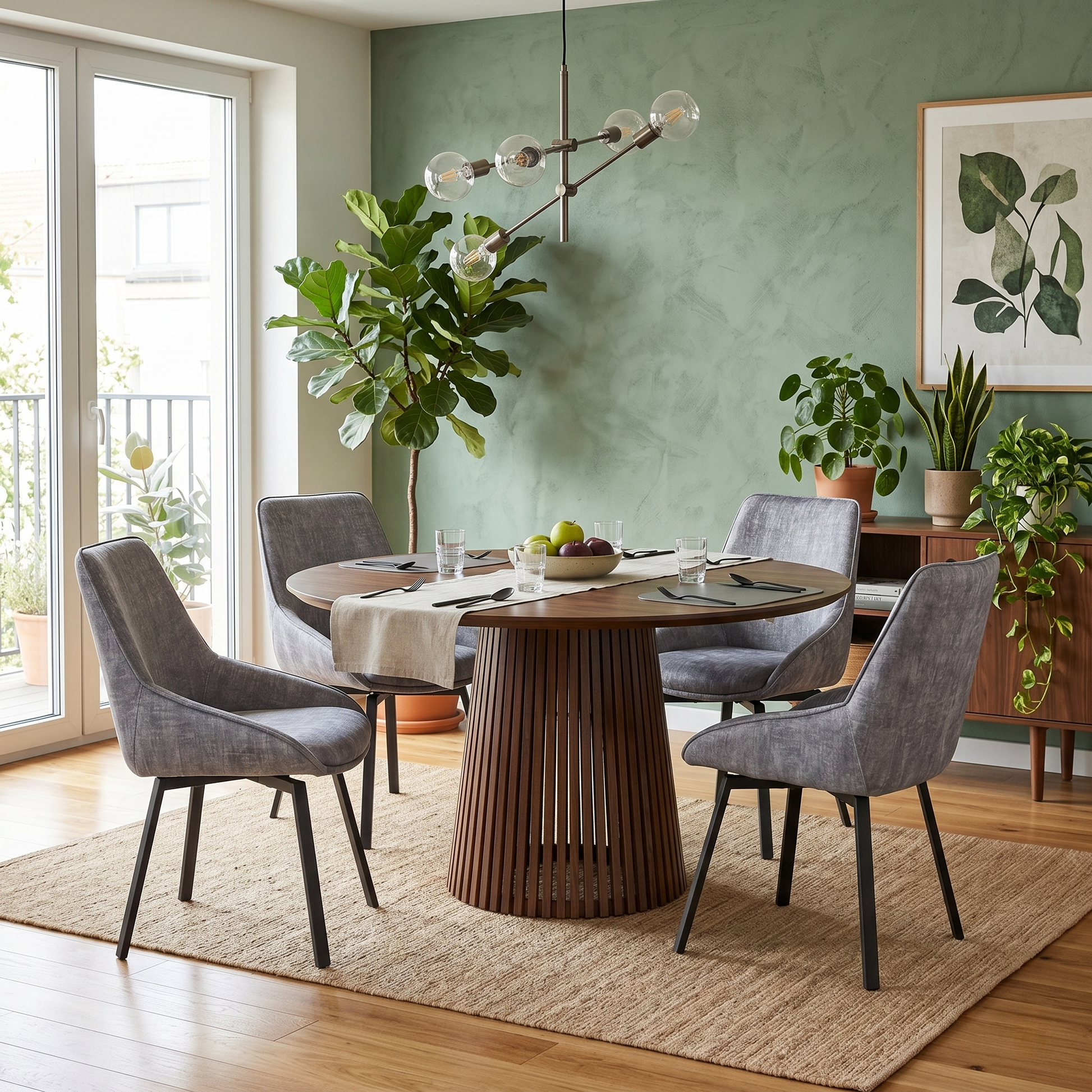 Dining room of a grey velvet Veja chair, showcasing the quilted diamond stitching on the backrest and the contoured ergonomic shape.